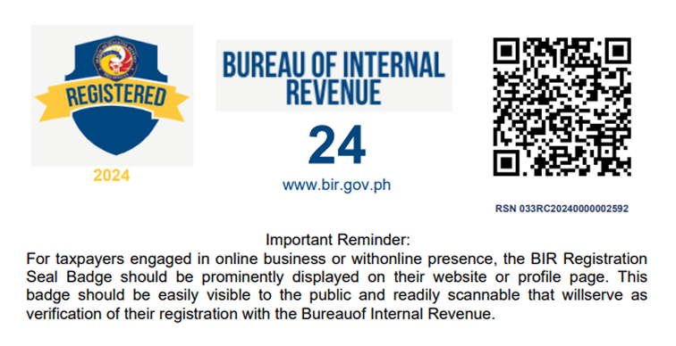 Bureau of Internal Revenue Registered 2024 seal. RSN 033RC20240000002592. www.bir.gov.ph